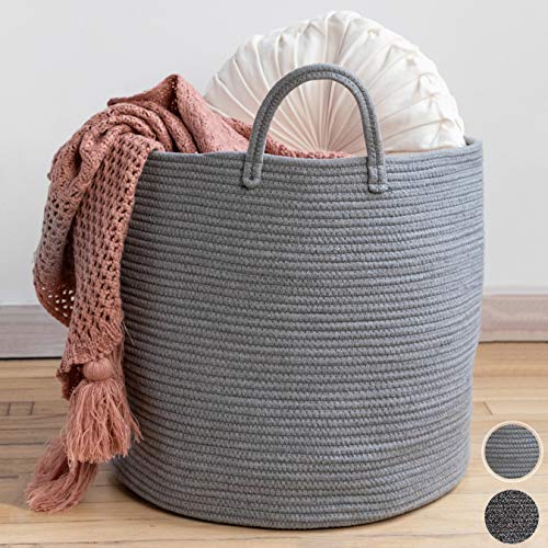 XXL Premium Cotton Rope Basket 18"x18"x16" - Big Basket for Blankets Living Room – Woven Laundry Basket- Grey Basket - Large Blanket Basket Living Room - Storage Basket - Large Baskets for Blankets