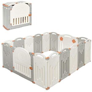 costzon baby playpen, 16-panel foldable baby fence w/locking gate, non-slip rubber bases, adjustable shape, portable baby play yards design for indoor outdoor use (beige + gray, 16-panel)