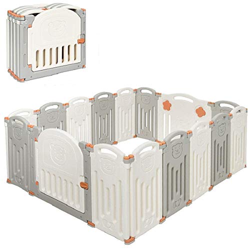 Costzon Baby Playpen, 16-Panel Foldable Baby Fence w/Locking Gate, Non-Slip Rubber Bases, Adjustable Shape, Portable Baby Play Yards Design for Indoor Outdoor Use (Beige + Gray, 16-Panel)