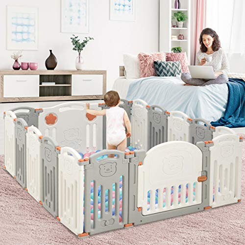 Costzon Baby Playpen, 16-Panel Foldable Baby Fence w/Locking Gate, Non-Slip Rubber Bases, Adjustable Shape, Portable Baby Play Yards Design for Indoor Outdoor Use (Beige + Gray, 16-Panel)