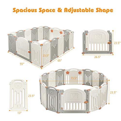 Costzon Baby Playpen, 16-Panel Foldable Baby Fence w/Locking Gate, Non-Slip Rubber Bases, Adjustable Shape, Portable Baby Play Yards Design for Indoor Outdoor Use (Beige + Gray, 16-Panel)