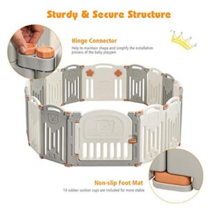 Costzon Baby Playpen, 16-Panel Foldable Baby Fence w/Locking Gate, Non-Slip Rubber Bases, Adjustable Shape, Portable Baby Play Yards Design for Indoor Outdoor Use (Beige + Gray, 16-Panel)