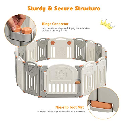 Costzon Baby Playpen, 16-Panel Foldable Baby Fence w/Locking Gate, Non-Slip Rubber Bases, Adjustable Shape, Portable Baby Play Yards Design for Indoor Outdoor Use (Beige + Gray, 16-Panel)