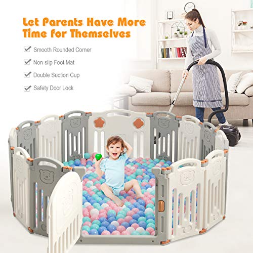 Costzon Baby Playpen, 16-Panel Foldable Baby Fence w/Locking Gate, Non-Slip Rubber Bases, Adjustable Shape, Portable Baby Play Yards Design for Indoor Outdoor Use (Beige + Gray, 16-Panel)