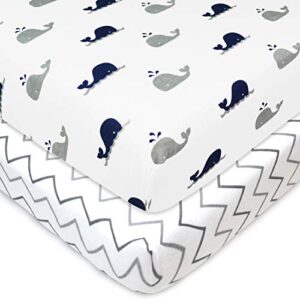 american baby company printed 100% natural cotton jersey knit fitted pack n play playard sheet, navy whale/grey zigzag, soft breathable, for boys & girls, pack of 2, 27x39 inch (pack of 2)