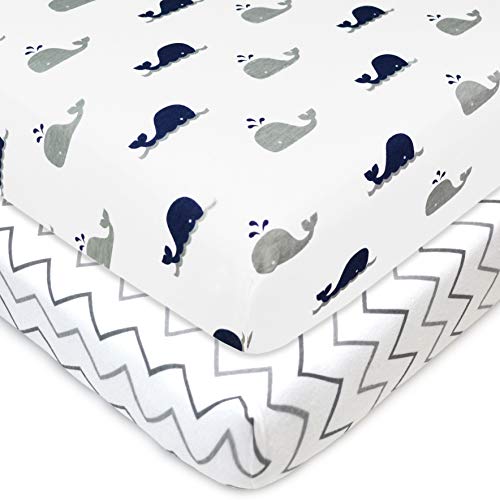 American Baby Company Printed 100% Natural Cotton Jersey Knit Fitted Pack N Play Playard Sheet, Navy Whale/Grey Zigzag, Soft Breathable, for Boys & Girls, Pack of 2, 27x39 Inch (Pack of 2)