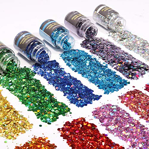 NODDWAY Holographic Chunky Glitter 12 Colors Total 180g, Chunky Glitter for Resin, Cosmetic Craft Glitter for Epoxy Resin,Festival Arts,Hair,Tumbler,Slime