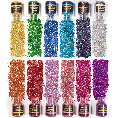 NODDWAY Holographic Chunky Glitter 12 Colors Total 180g, Chunky Glitter for Resin, Cosmetic Craft Glitter for Epoxy Resin,Festival Arts,Hair,Tumbler,Slime