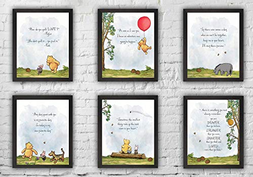 HerZii Prints Classic Winnie The Pooh Wall Art Decorations Set of 6 8x10 inch - Nursery Playroom Home Decor - Baby Shower Decorations