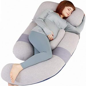 moon pine 60 inch pregnancy pillow, detachable u shape full body pillow for maternity support, sleeping pillow for pregnant women (grey&blue-velvet&jersey)