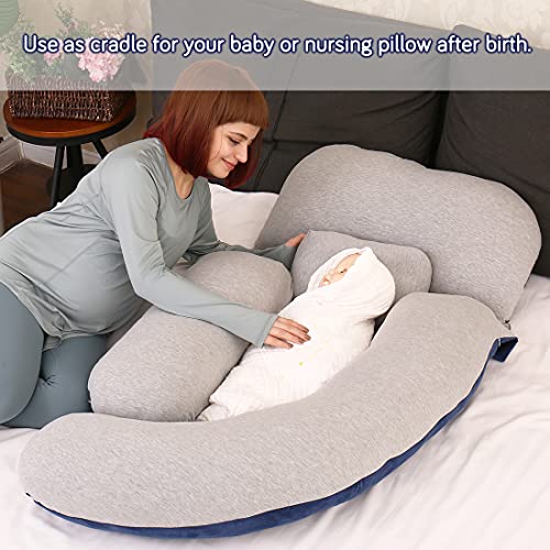 MOON PINE 60 inch Pregnancy Pillow, Detachable U Shape Full Body Pillow for Maternity Support, Sleeping Pillow for Pregnant Women (Grey&Blue-Velvet&Jersey)