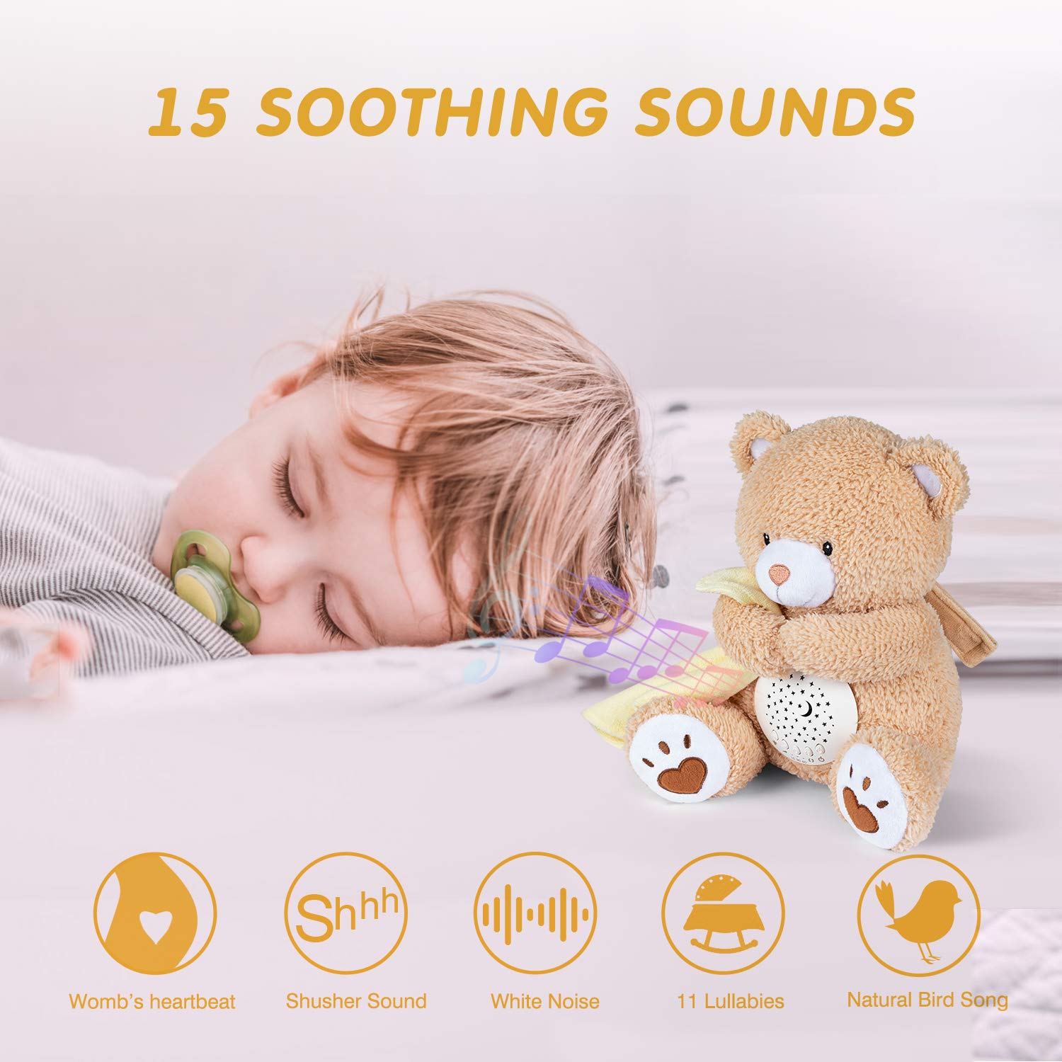 BEREST Baby Sleep Soother Happy Bear, Mom's Heartbeat Bear Lullabies & Shusher White Noise Machine, Nursery Decor Night Light Projector, Toddler Crib Sleeping Aid, Baby Shower Gifts Portable Teddy