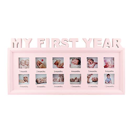 ESTAMICO My First Year Frame Baby Picture Keepsake Frame for Photo Memories, Pink