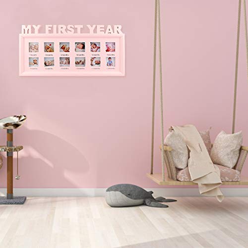 ESTAMICO My First Year Frame Baby Picture Keepsake Frame for Photo Memories, Pink