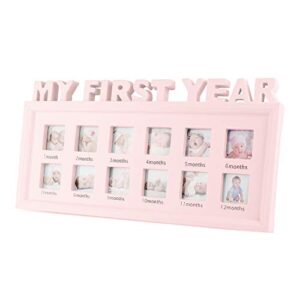 ESTAMICO My First Year Frame Baby Picture Keepsake Frame for Photo Memories, Pink