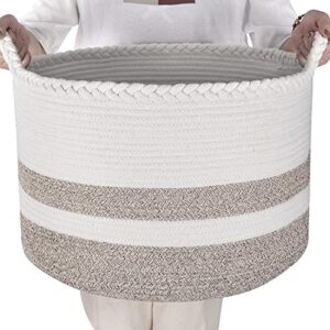 cotton rope basket for living room blanket storage - kids playroom storage organizer - woven nursery laundry basket for clothes, bathroom towels, toys - home decorations bins - extra large 20"d x 13"h