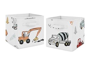 sweet jojo designs construction truck foldable fabric storage cube bins boxes organizer toys kids baby childrens - set of 2 - grey yellow orange red and blue transportation