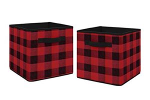 sweet jojo designs woodland buffalo plaid foldable fabric storage cube bins boxes organizer toys kids baby childrens - set of 2 - red and black rustic country lumberjack