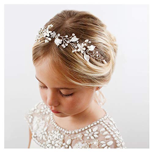 SWEETV Flower Girl Headpiece Silver Princess Wedding Headband -Baby Girls Flower Pearl Hair Accessories for Birthday Party, Photography