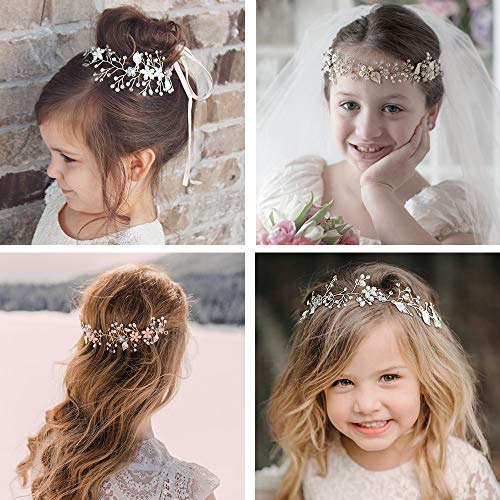 SWEETV Flower Girl Headpiece Silver Princess Wedding Headband -Baby Girls Flower Pearl Hair Accessories for Birthday Party, Photography