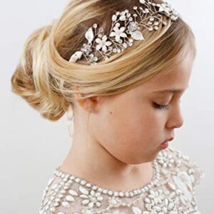 SWEETV Flower Girl Headpiece Silver Princess Wedding Headband -Baby Girls Flower Pearl Hair Accessories for Birthday Party, Photography