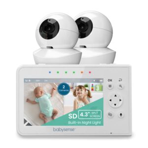 babysense baby monitor, 4.3" split screen, video baby monitor with two cameras and audio, remote ptz, 960ft range (open space), adjustable night light, two-way audio, zoom, night vision, lullabies