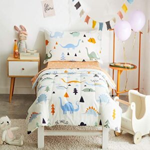 joyreap 4 piece cotton toddler bedding set for kids boys n girls, dinosaur theme cream white n orange reversible design, includes quilted comforter, fitted sheet, top sheet, and pillow case