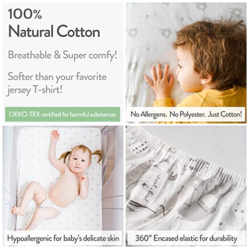 Travel Crib Fitted Sheets Compatible With Guava Lotus, Baby Bjorn, Dream on Me Travel Crib Light Playard – Fits Perfectly on 24 x 42” Mattress Without Bunching Up – Snuggly Soft Jersey Cotton – 2 Pack