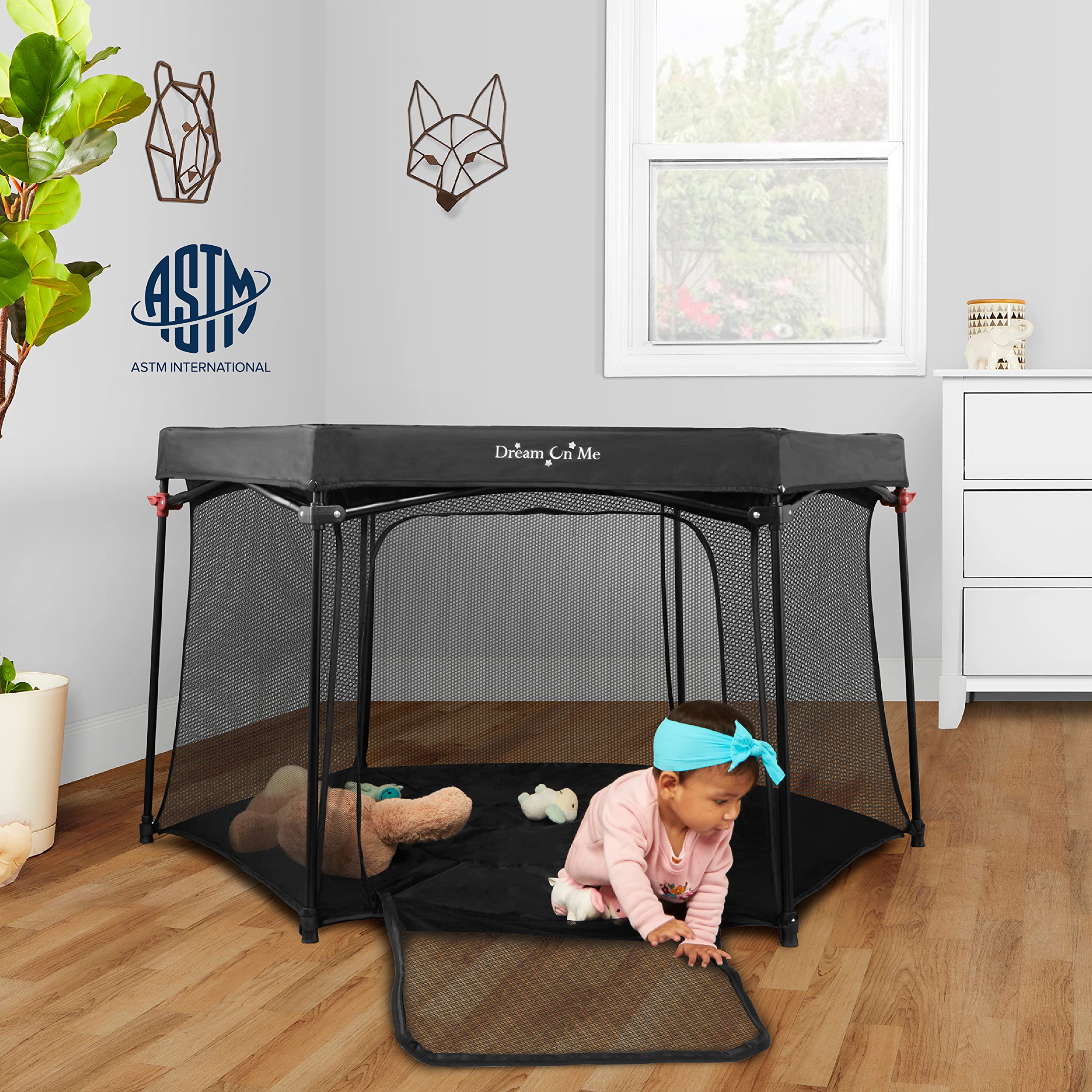 Dream On Me Onyx Playpen in Black, Baby Playpen, Portable and Lightweight, Playpen for Babies and Toddler - Comes with A Comfortable Padded Floor