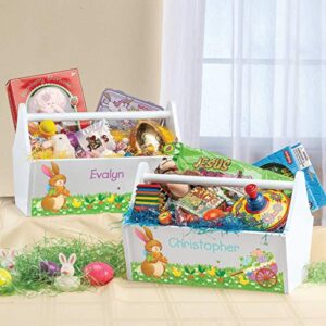 Fox Valley Traders Personalized Kids Easter Toy Caddy, Customized Children’s Wooden Storage Tote with Purple Font, 13” Wide x 9” High