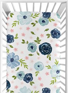 sweet jojo designs navy blue and pink watercolor floral girl fitted crib sheet baby or toddler bed nursery - blush, green and white shabby chic rose flower