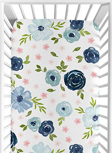 Sweet Jojo Designs Navy Blue and Pink Watercolor Floral Girl Fitted Crib Sheet Baby or Toddler Bed Nursery - Blush, Green and White Shabby Chic Rose Flower