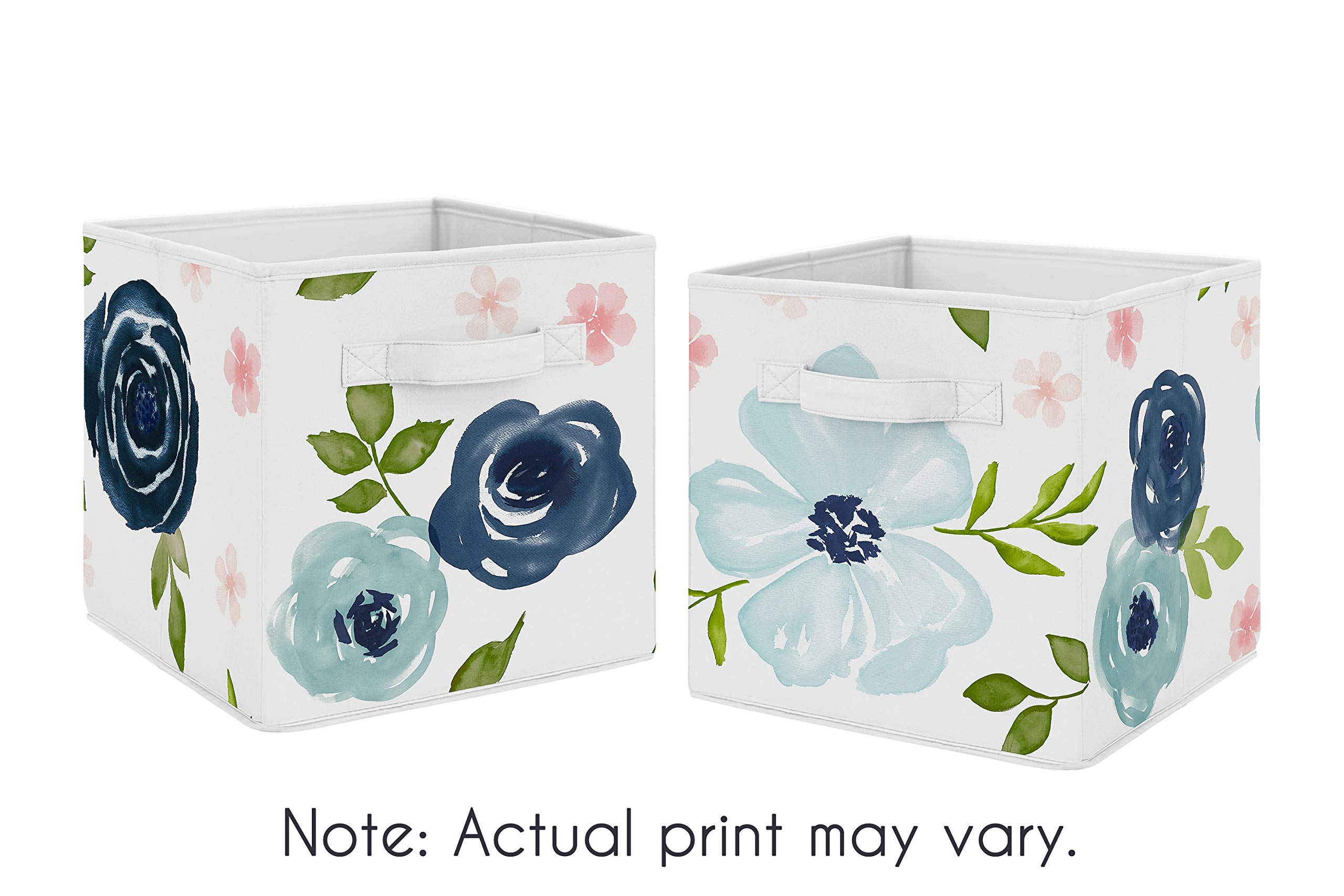 Sweet Jojo Designs Navy Blue and Pink Watercolor Floral Foldable Fabric Storage Cube Bins Boxes Organizer Toys Kids Baby Childrens - Set of 2 - Blush, Green and White Shabby Chic Rose Flower