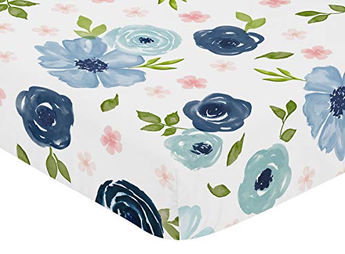 Sweet Jojo Designs Navy Blue and Pink Watercolor Floral Girl Fitted Crib Sheet Baby or Toddler Bed Nursery - Blush, Green and White Shabby Chic Rose Flower