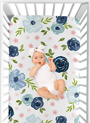 Sweet Jojo Designs Navy Blue and Pink Watercolor Floral Girl Fitted Crib Sheet Baby or Toddler Bed Nursery - Blush, Green and White Shabby Chic Rose Flower