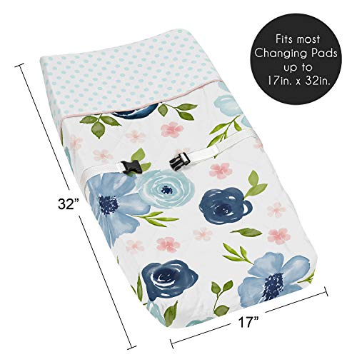 Sweet Jojo Designs Navy Blue and Pink Watercolor Floral Girl Baby Nursery Changing Pad Cover - Blush, Green and White Shabby Chic Rose Flower Polka Dot