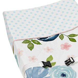 Sweet Jojo Designs Navy Blue and Pink Watercolor Floral Girl Baby Nursery Changing Pad Cover - Blush, Green and White Shabby Chic Rose Flower Polka Dot