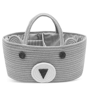 conthfut baby diaper caddy organizer 100% cotton canvas stylish rope nursery storage bin portable tote bag & car organizer for changing table- top baby shower basket (gray)