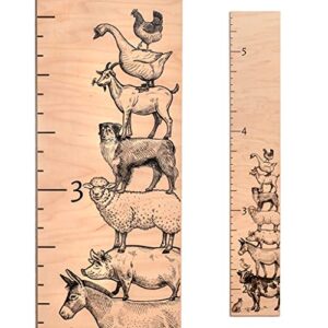 headwaters studio wooden ruler growth chart for kids, boys and girls - height chart & height measurement for wall - kids nursery wall decor and room hanging wall decor - natural w/farm animals