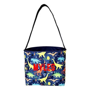 personalized with name dinosaur easter basket bucket fabric tote bag toy bin - great embroidered gift for boy or girl