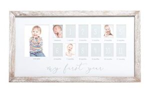 pearhead my first year photo moments baby keepsake picture frame, 0-12 months baby photos, father’s day accessory, gender-neutral baby milestone nursery décor, 13 photo inserts, distressed wood