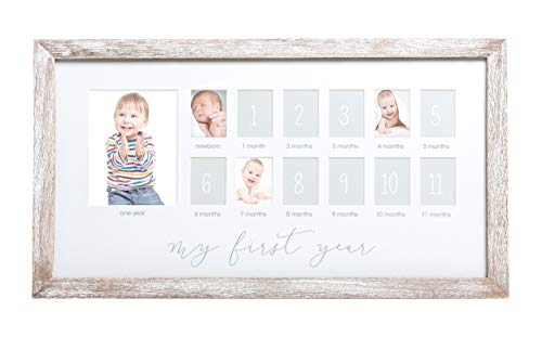 Pearhead My First Year Photo Moments Baby Keepsake Picture Frame, 0-12 Months Baby Photos, Father’s Day Accessory, Gender-Neutral Baby Milestone Nursery Décor, 13 Photo Inserts, Distressed Wood