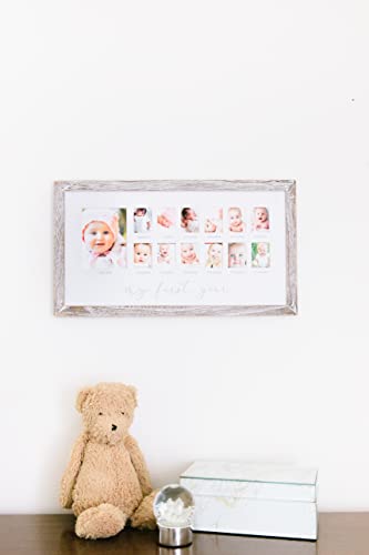 Pearhead My First Year Photo Moments Baby Keepsake Picture Frame, 0-12 Months Baby Photos, Father’s Day Accessory, Gender-Neutral Baby Milestone Nursery Décor, 13 Photo Inserts, Distressed Wood