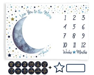 ello home baby milestone blanket boy, blue moon month tracker, first year calendar monthly growth chart, photo prop mat, baby boy shower gifts, i love you to the moon and back nursery, (minky 60"x40")