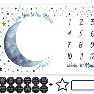 ELLO HOME BABY Milestone Blanket Boy, Blue Moon Month Tracker, First Year Calendar Monthly Growth Chart, Photo Prop Mat, Baby Boy Shower Gifts, I Love You to the Moon and Back Nursery, (Minky 60"x40")