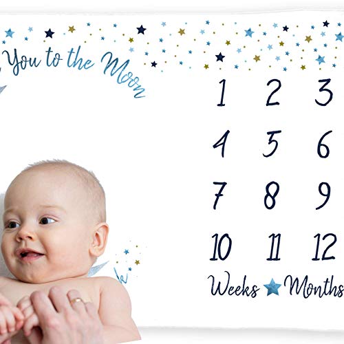 ELLO HOME BABY Milestone Blanket Boy, Blue Moon Month Tracker, First Year Calendar Monthly Growth Chart, Photo Prop Mat, Baby Boy Shower Gifts, I Love You to the Moon and Back Nursery, (Minky 60"x40")