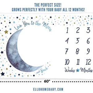 ELLO HOME BABY Milestone Blanket Boy, Blue Moon Month Tracker, First Year Calendar Monthly Growth Chart, Photo Prop Mat, Baby Boy Shower Gifts, I Love You to the Moon and Back Nursery, (Minky 60"x40")