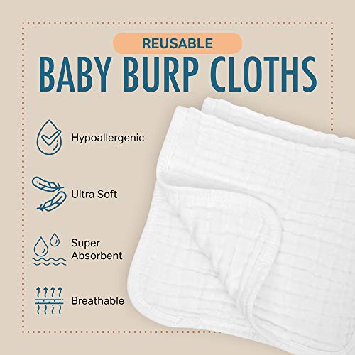 AllSett Health 10 Pack Muslin Burp Cloths Large 20" by 10" 100% Cotton, Hand Wash Cloth 6 Layers Extra Absorbent and Soft White