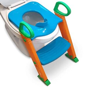 potty training seat toilet w/step stool ladder & splash guard, kids toddlers trainer w/handles. sturdy & foldable. non-slip steps & anti slip pads. adjustable potty chair - boys girls baby (blue)