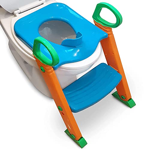 Potty Training Seat Toilet w/Step Stool Ladder & Splash Guard, Kids Toddlers Trainer w/Handles. Sturdy & Foldable. Non-Slip Steps & Anti Slip Pads. Adjustable Potty Chair - Boys Girls Baby (Blue)